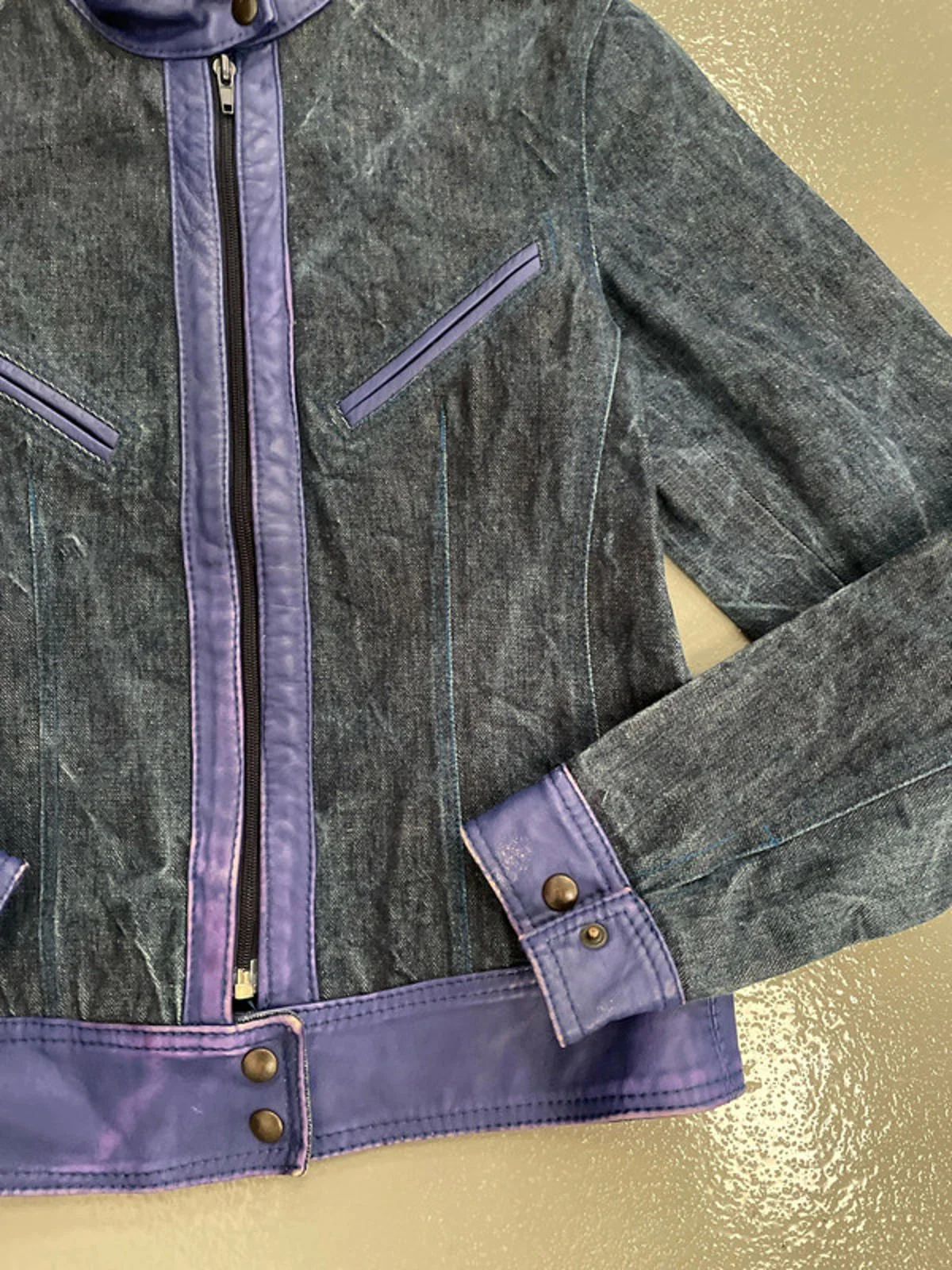 Vintage y2k Denim biker jacket with blue leather waistband and trim - Image 3